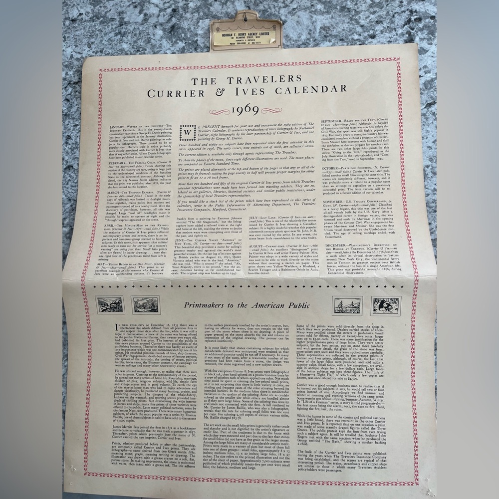 Vintage 1969 Travelers Currier & Ives Calendar